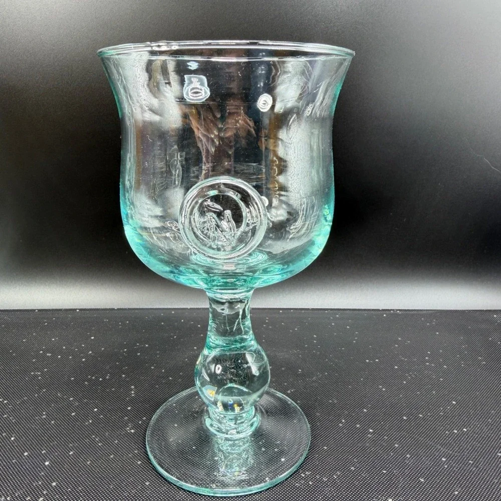 Set of 2 Monogram N Hand‎ Blown Glass Goblets Aqua Clear Stemmed Water Wine 7in